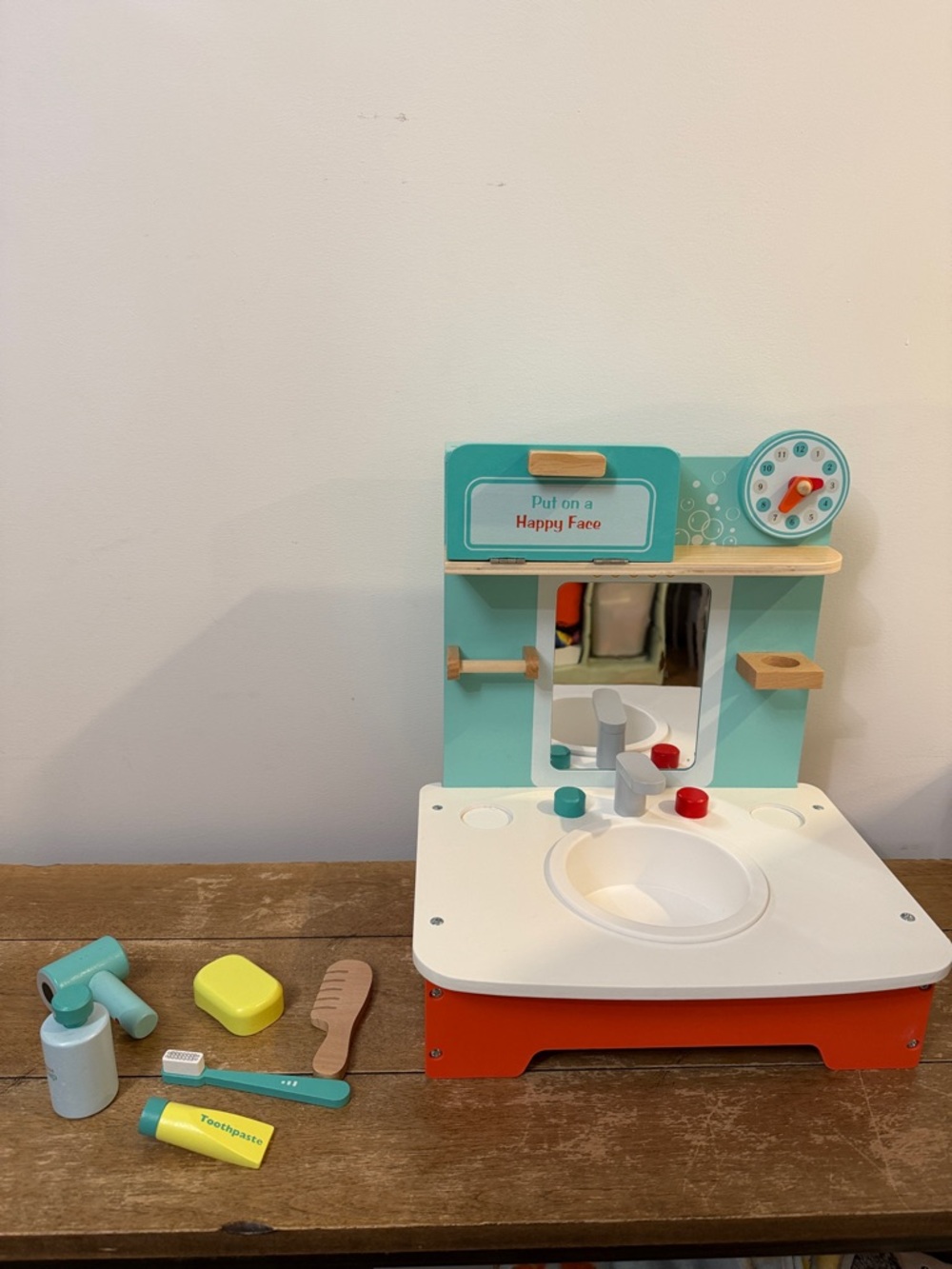 Wooden Kids Pretend Play Bathroom Sink Set — Aqua & White